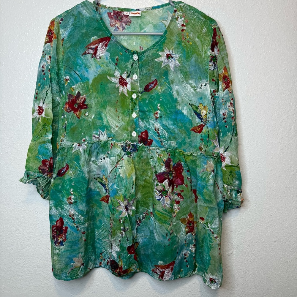 Tianello Cupro Floral Print 3/4 Sleeve Baby Doll Blouse Half Button Size Medium